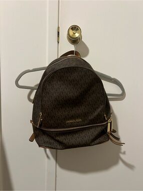 Michael Kors Dark Brown MK Monogram Mini Backpack with Gold Hardware